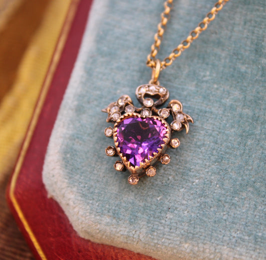 A Victorian Amethyst & Diamond heart pendant set in High Carat Yellow Gold & Silver, English, Circa 1880 - Robin Haydock Antiques