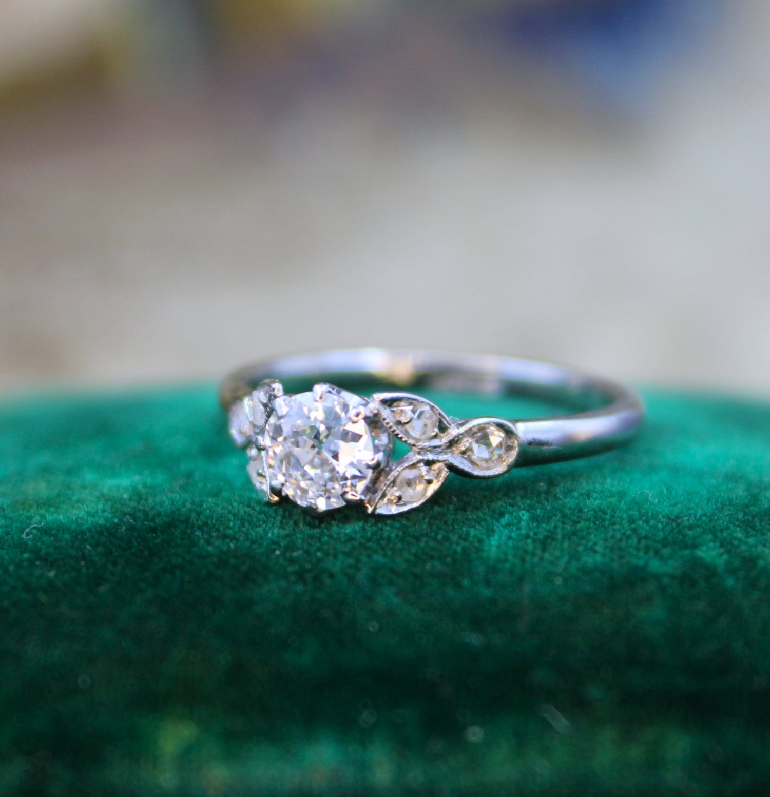 A beautiful 0.45 Carat "F Colour" Diamond Engagement Ring, with Diamond Set Foliate Shoulders, English, Circa 1930 - Robin Haydock Antiques