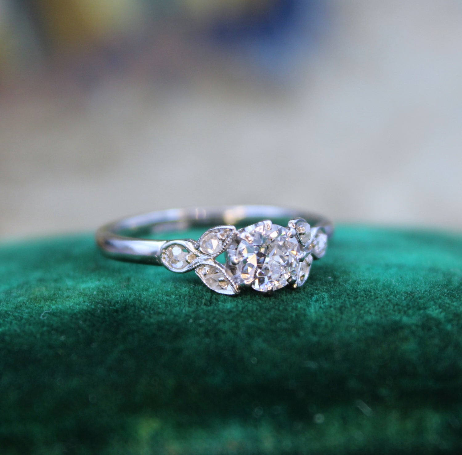 A beautiful 0.45 Carat "F Colour" Diamond Engagement Ring, with Diamond Set Foliate Shoulders, English, Circa 1930 - Robin Haydock Antiques