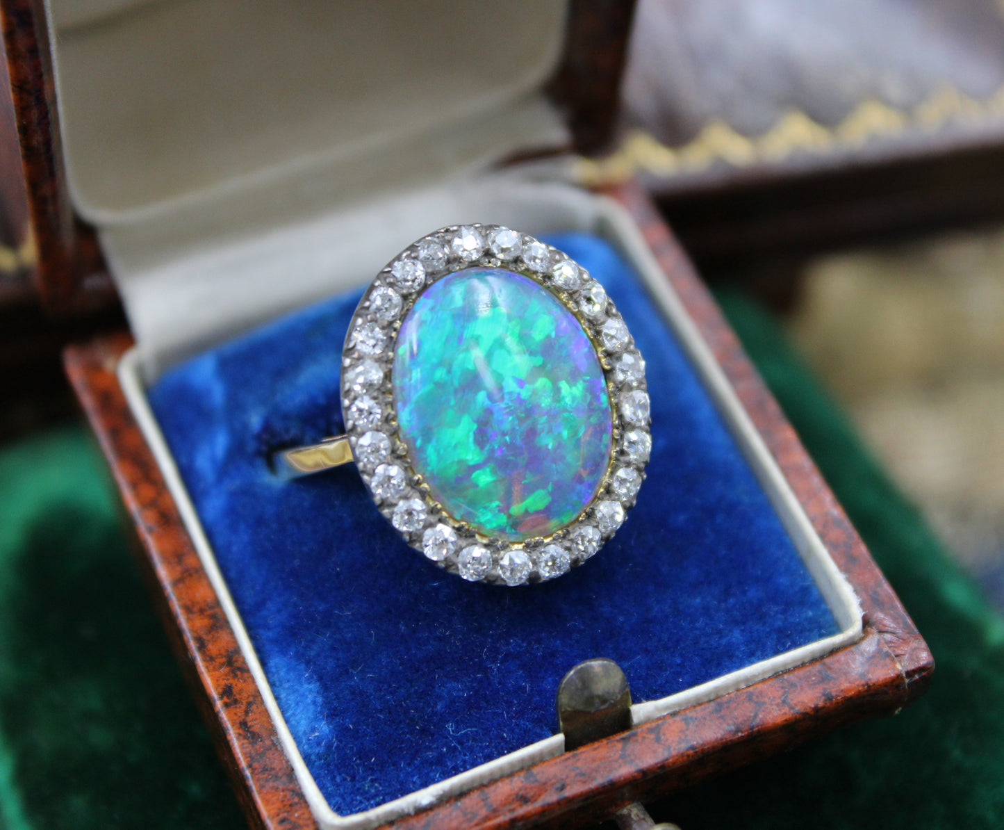 An Opal & DIamond Cluster Ring set in 14ct Yellow Gold & Silver, Continental, Circa 1905 - Robin Haydock Antiques