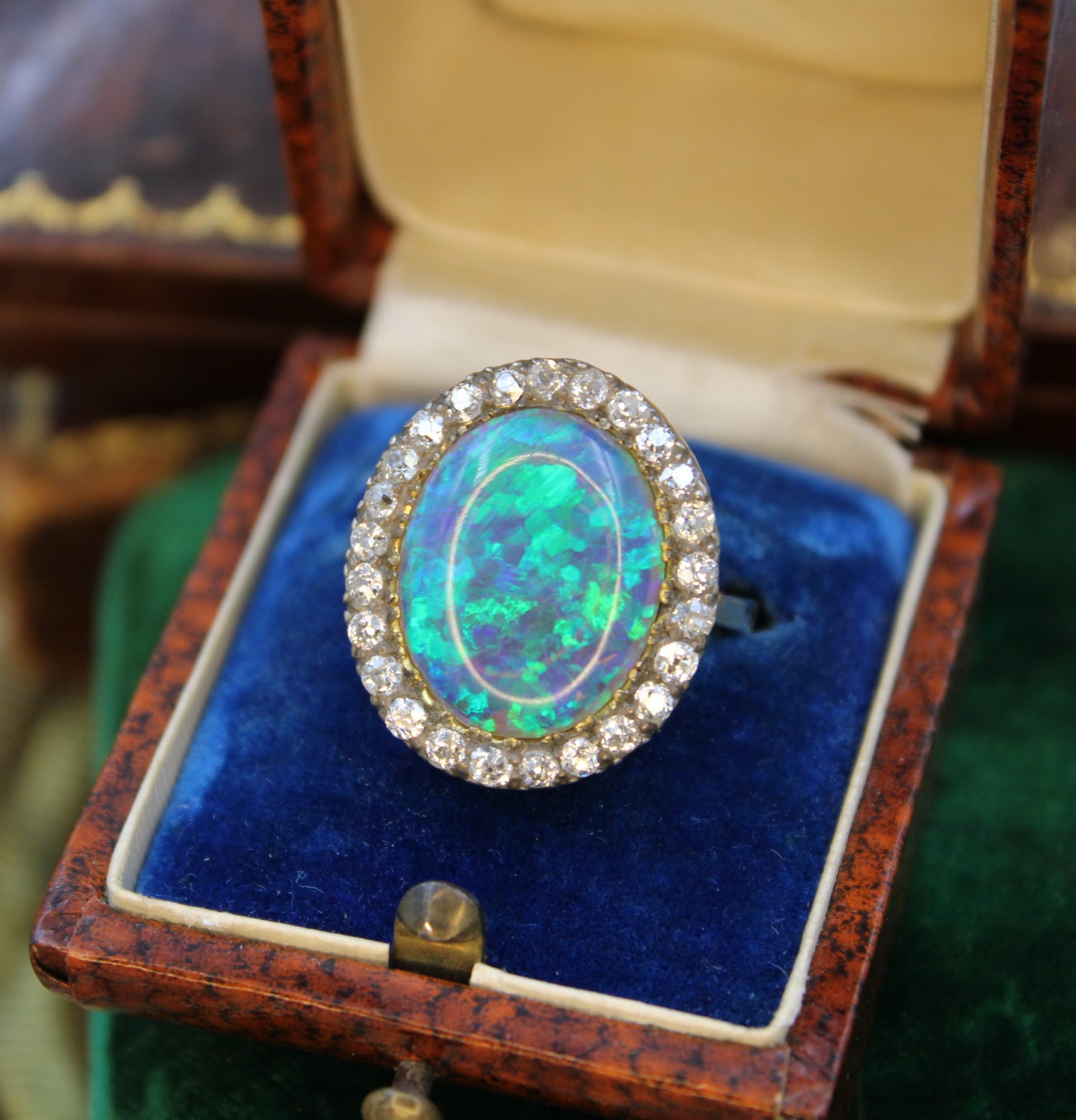 An Opal & DIamond Cluster Ring set in 14ct Yellow Gold & Silver, Continental, Circa 1905 - Robin Haydock Antiques