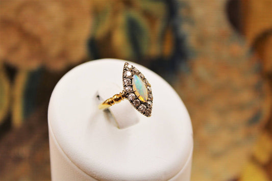 A Marquise-cut Australian Opal & Diamond Ring set in 18ct Yellow Gold & Silver, Circa 1900-1905 - Robin Haydock Antiques