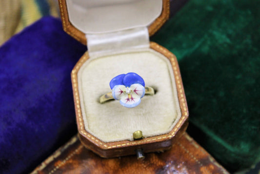 A very fine Soft Paste Enamel & Diamond Pansy Ring set in High Carat Yellow Gold, Circa 1890 - Robin Haydock Antiques