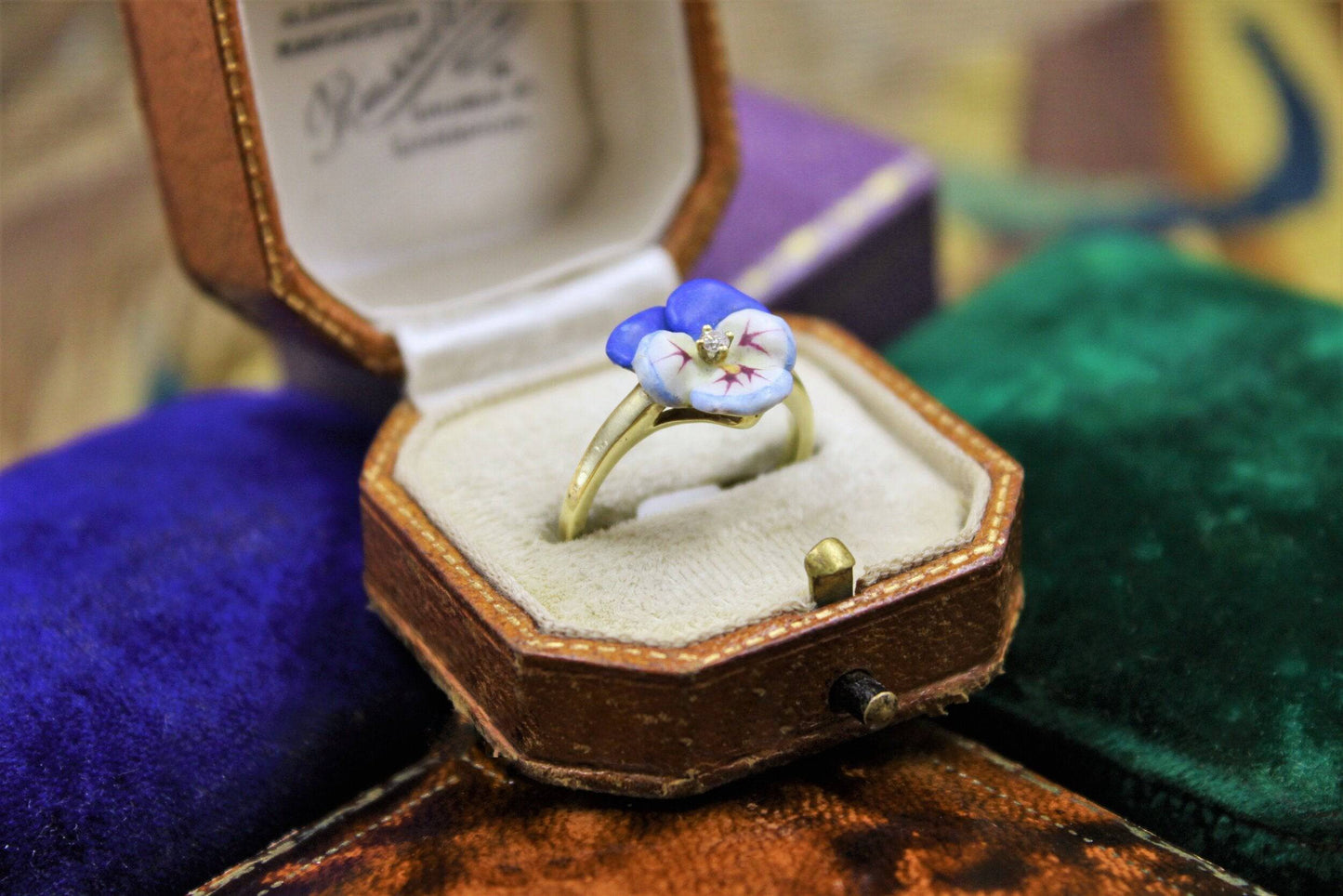 A very fine Soft Paste Enamel & Diamond Pansy Ring set in High Carat Yellow Gold, Circa 1890 - Robin Haydock Antiques