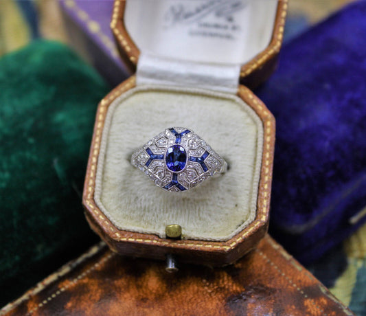 An Art Deco Style Sapphire & Diamond Demi-Bombe Ring mounted in Platinum, Mid-late 20th Century - Robin Haydock Antiques