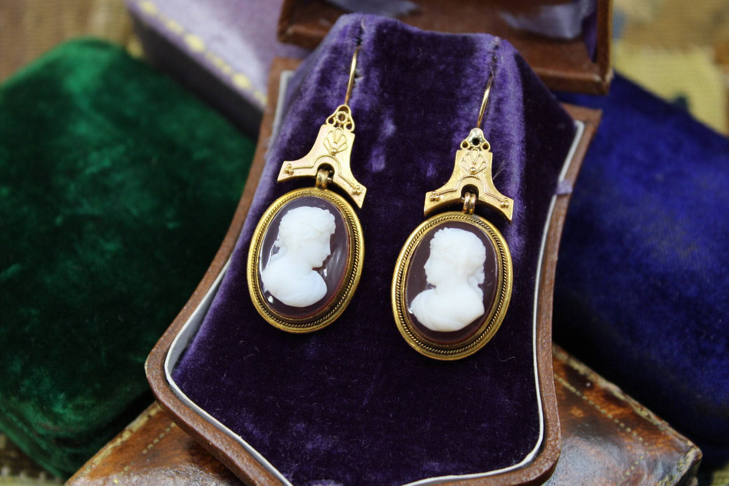 A very fine pair of Hardstone Cameo Drop Earrings mounted in 18ct Yellow Gold, English, Circa 1870 - 80 - Robin Haydock Antiques