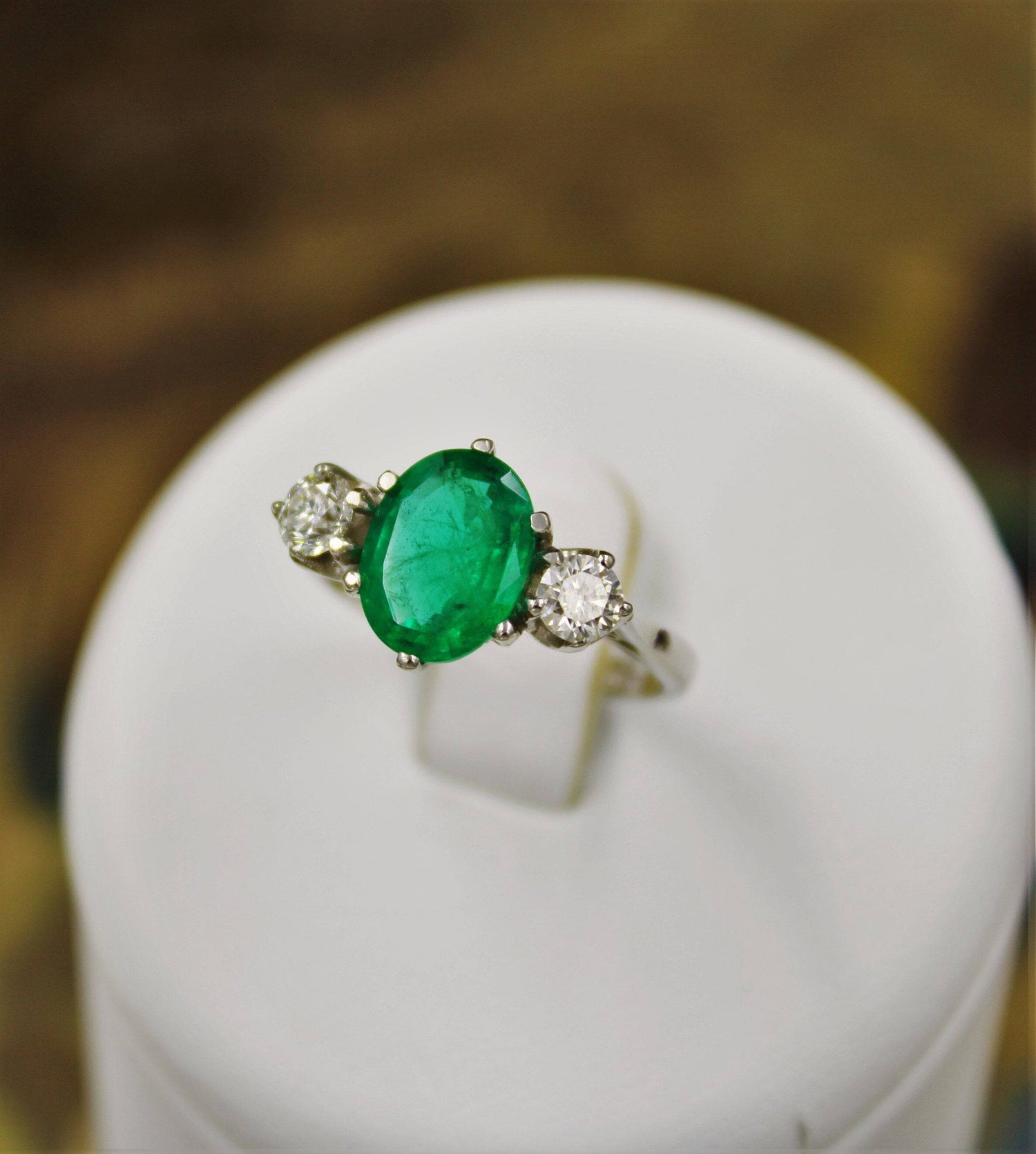 A very fine Emerald & Diamond Three Stone Ring set in Platinum, Circa 1980 - Robin Haydock Antiques