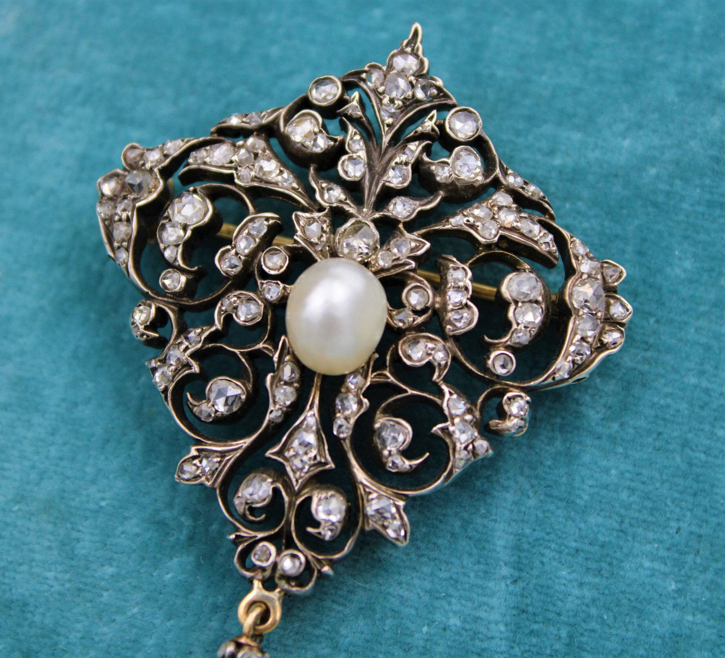 An exceptionally finely worked Natural Pearl & Diamond Brooch/Pendant set in 18ct Yellow Gold & Silver, French, Circa 1870 - Robin Haydock Antiques