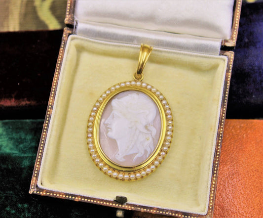 A very fine High Carat Yellow Gold Oval Shell Cameo and Pearl Pendant, Inscribed 1808 - Robin Haydock Antiques