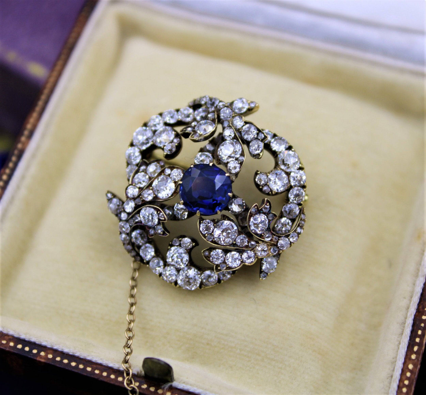 A superb Sapphire & Diamond Foliate Swirl Brooch, Russian, Circa 1900 - Robin Haydock Antiques