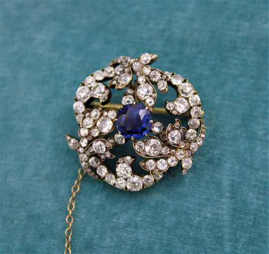 A superb Sapphire & Diamond Foliate Swirl Brooch, Russian, Circa 1900 - Robin Haydock Antiques