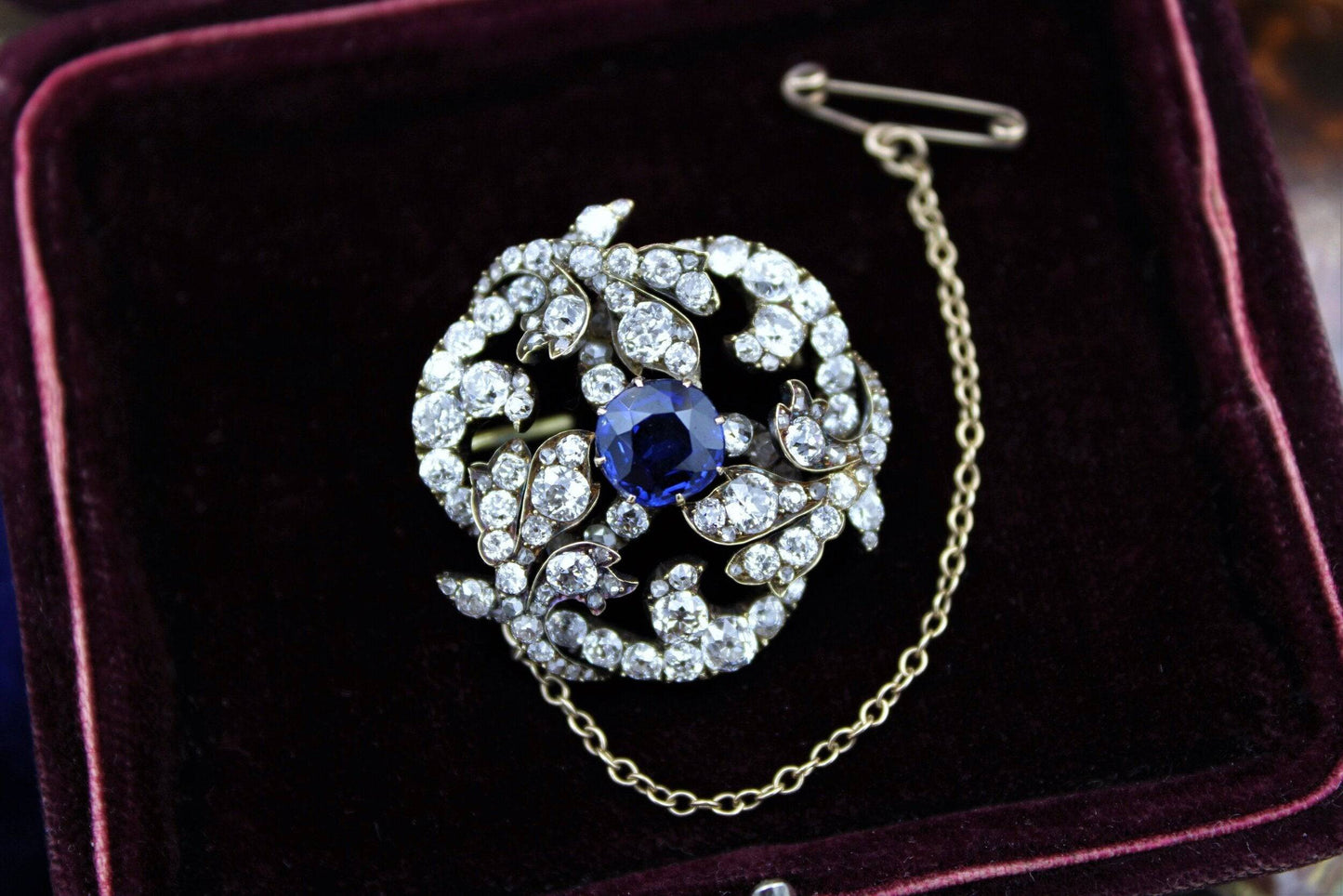 A superb Sapphire & Diamond Foliate Swirl Brooch, Russian, Circa 1900 - Robin Haydock Antiques