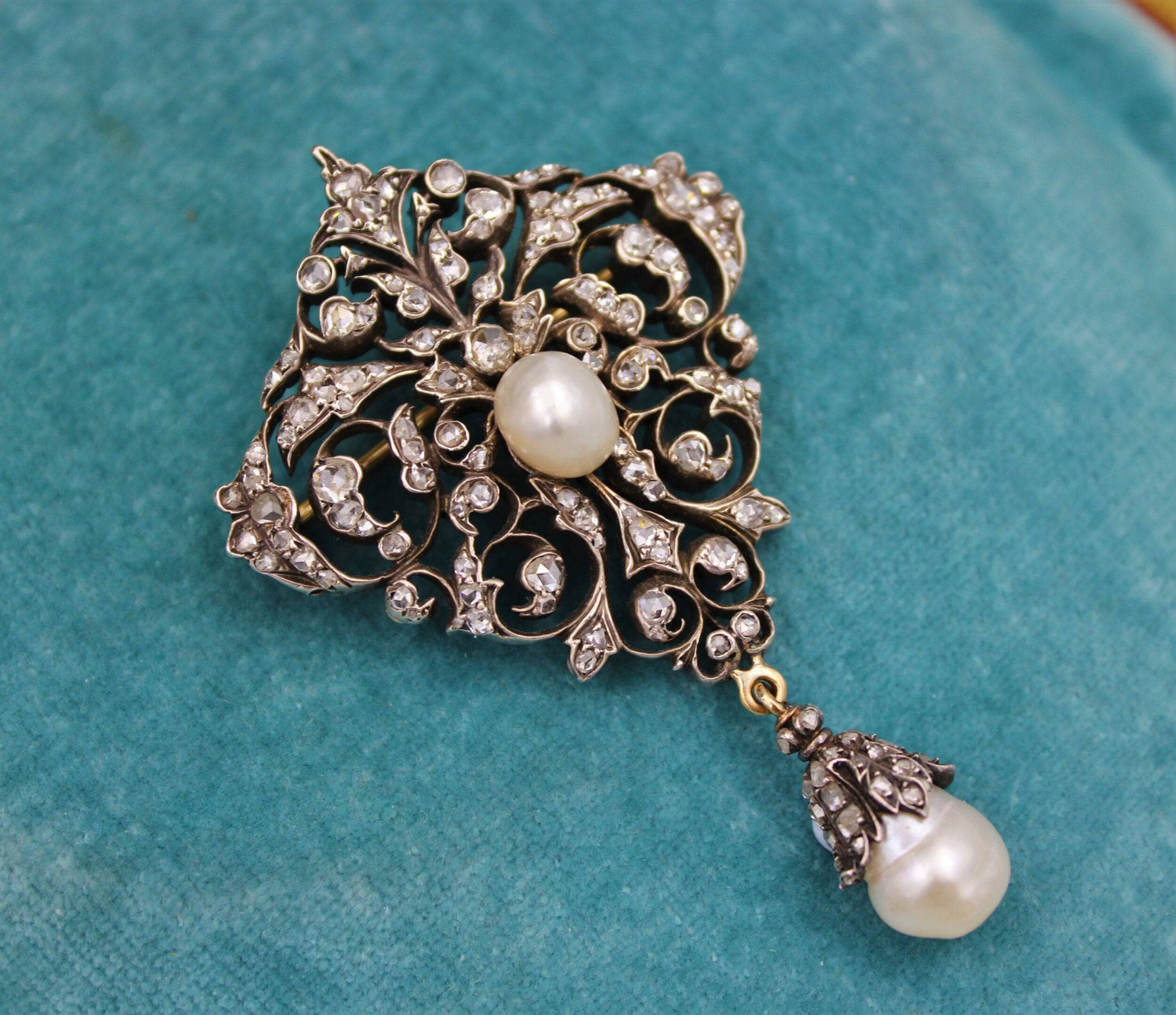 An exceptionally finely worked Natural Pearl & Diamond Brooch/Pendant set in 18ct Yellow Gold & Silver, French, Circa 1870 - Robin Haydock Antiques