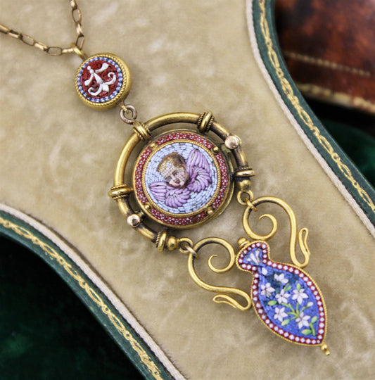 An extremely fine "Putti" Micro Mosaic Pendant set in High Carat Yellow Gold, English, Circa 1880 - Robin Haydock Antiques