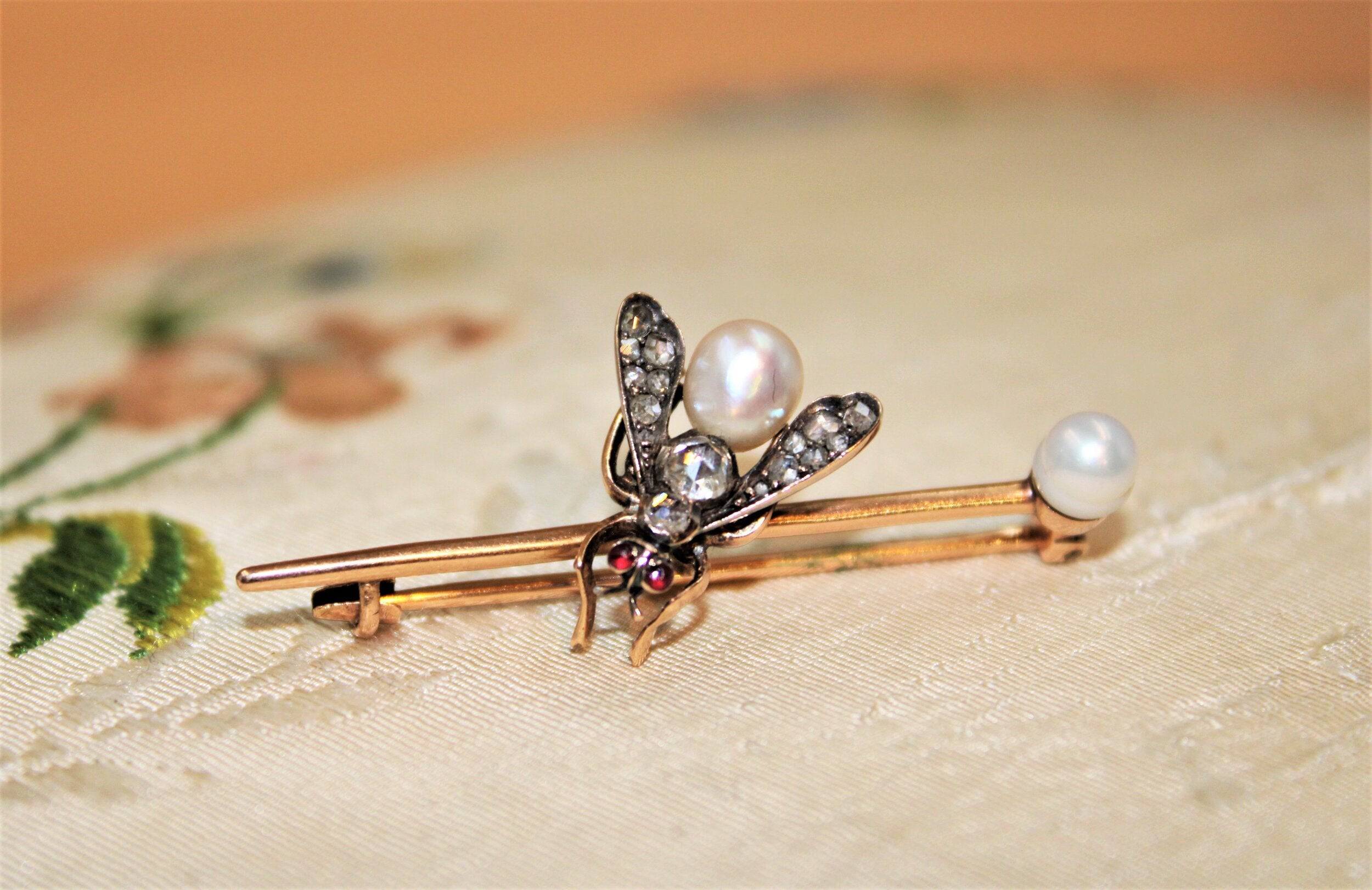 A Fine Antique Natural Pearl, Diamond and Ruby Fly Brooch, Russian ...