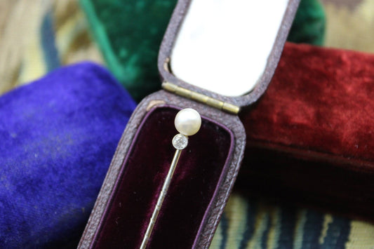 A very fine Natural Pearl & Diamond Stick Pin mounted in Platinum, Austrian, Circa 1910 - Robin Haydock Antiques