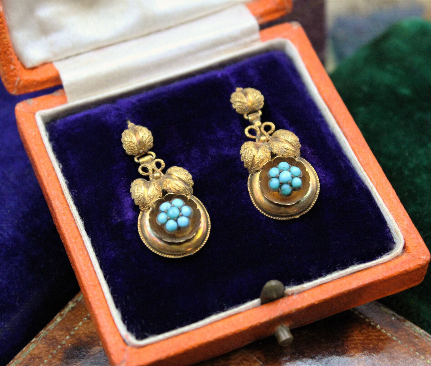 A fine pair of Victorian Foliate Drop Turquoise Earrings in High Carat Yellow Gold, English, Circa 1870 - Robin Haydock Antiques