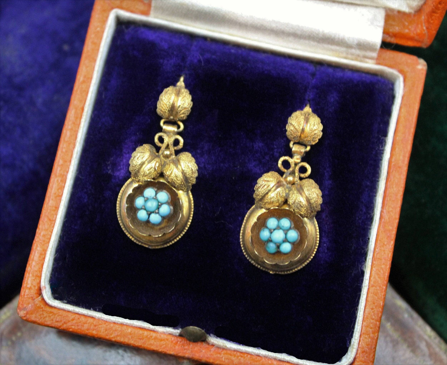 A fine pair of Victorian Foliate Drop Turquoise Earrings in High Carat Yellow Gold, English, Circa 1870 - Robin Haydock Antiques