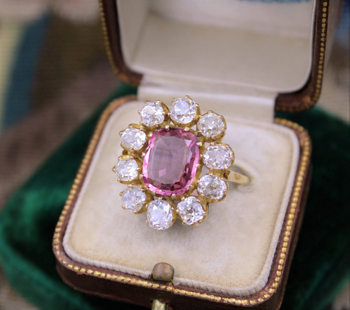 An extraordinary and rare 3.00 Carat Natural Pink Spinel & Diamond Cluster Ring set in 18 Carat Yellow Gold, English, Circa 1900 - Robin Haydock Antiques