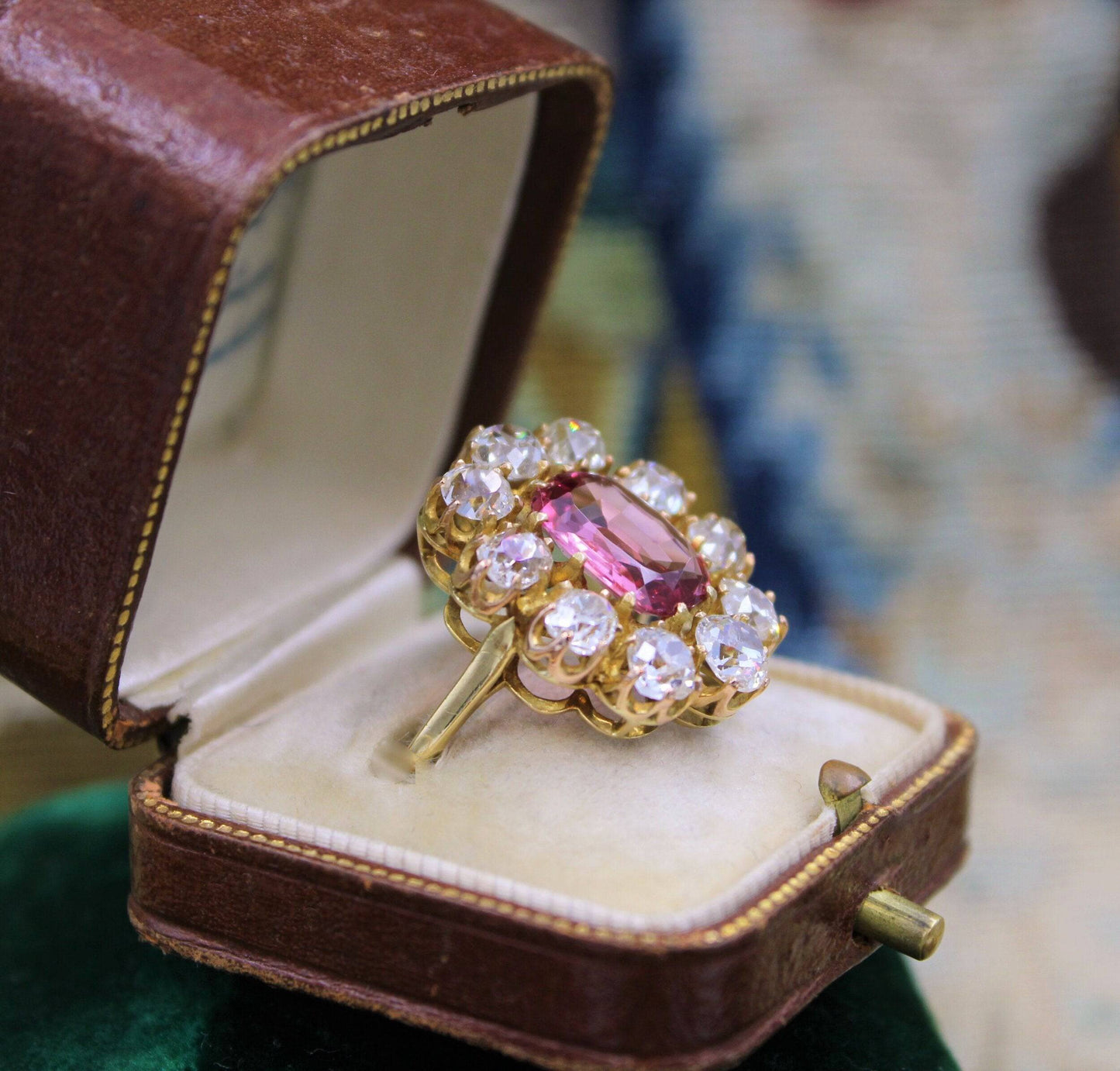 An extraordinary and rare 3.00 Carat Natural Pink Spinel & Diamond Cluster Ring set in 18 Carat Yellow Gold, English, Circa 1900 - Robin Haydock Antiques