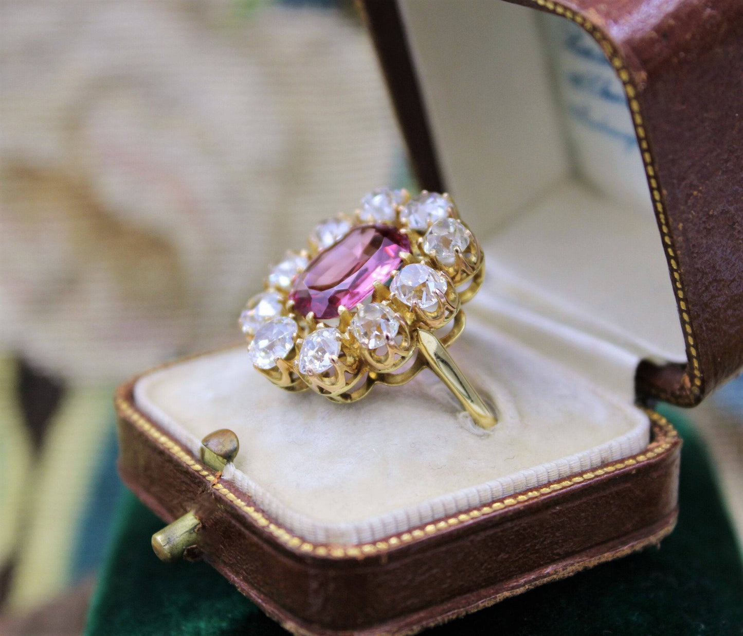 An extraordinary and rare 3.00 Carat Natural Pink Spinel & Diamond Cluster Ring set in 18 Carat Yellow Gold, English, Circa 1900 - Robin Haydock Antiques