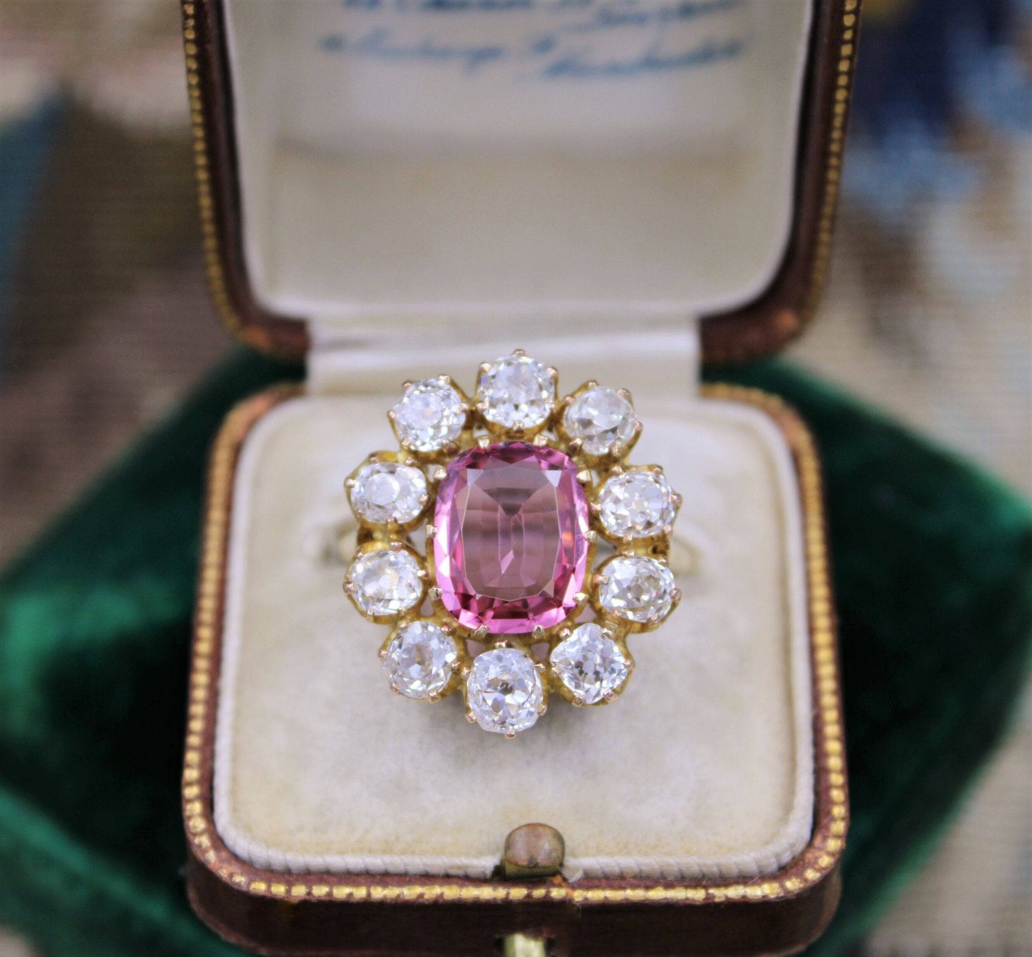 An extraordinary and rare 3.00 Carat Natural Pink Spinel & Diamond Cluster Ring set in 18 Carat Yellow Gold, English, Circa 1900 - Robin Haydock Antiques