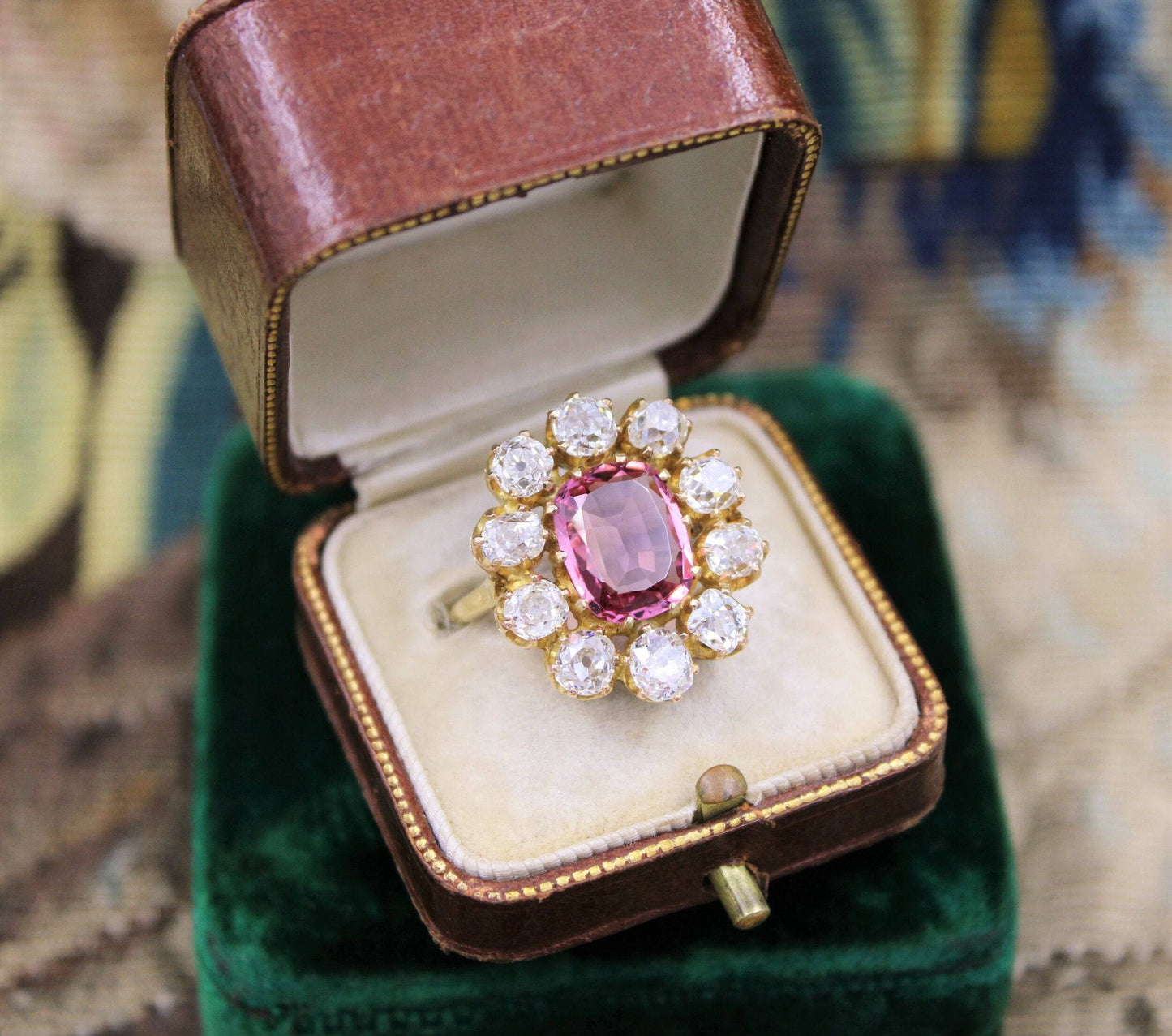 An extraordinary and rare 3.00 Carat Natural Pink Spinel & Diamond Cluster Ring set in 18 Carat Yellow Gold, English, Circa 1900 - Robin Haydock Antiques