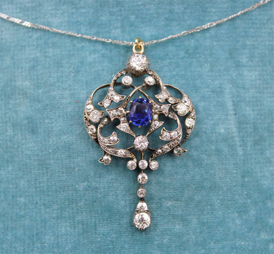 A very fine Edwardian 1.80ct Sapphire & Diamond, Lavaliere Pendant set in 18ct Yellow Gold & Platinum, English, Circa 1905 - Robin Haydock Antiques