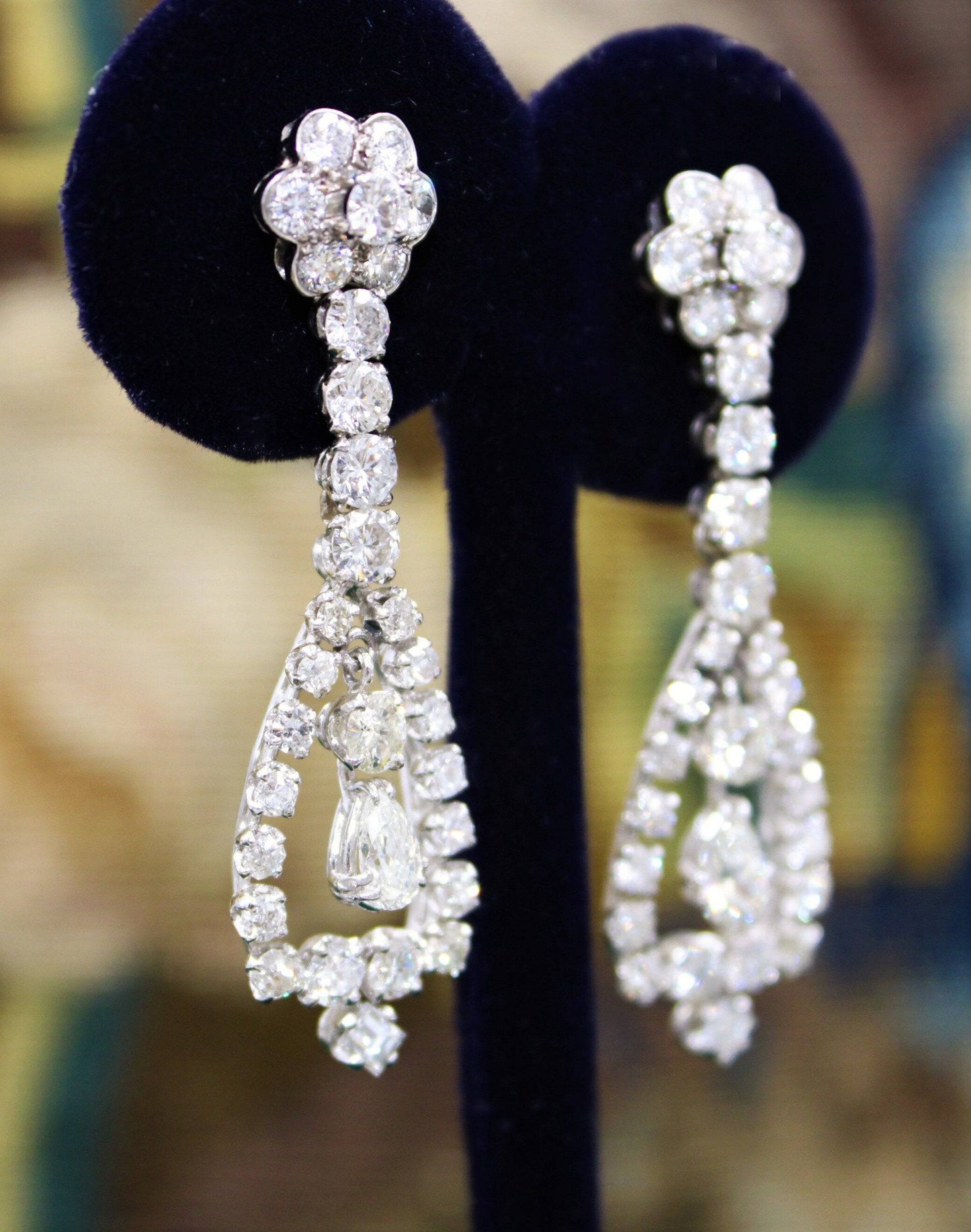 A magnificent pair of 8.30ct Diamond Drop Earrings set in 18ct White Gold, Circa 1955 - Robin Haydock Antiques
