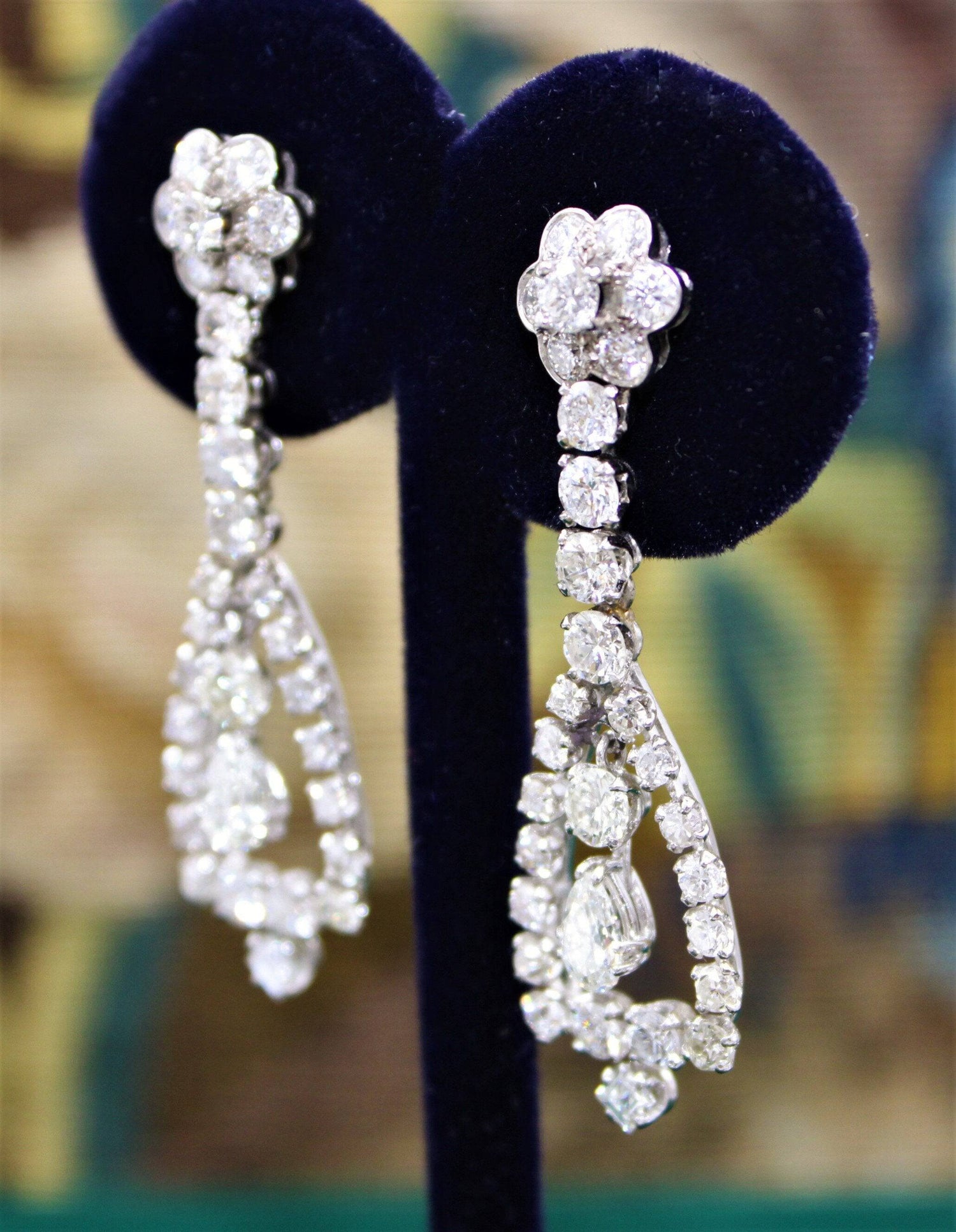 A magnificent pair of 8.30ct Diamond Drop Earrings set in 18ct White Gold, Circa 1955 - Robin Haydock Antiques