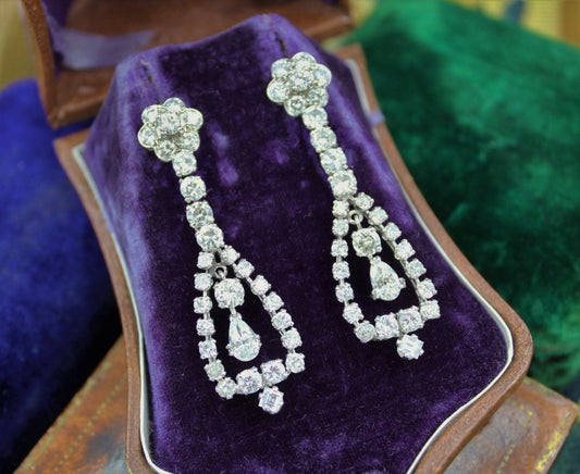 A magnificent pair of 8.30ct Diamond Drop Earrings set in 18ct White Gold, Circa 1955 - Robin Haydock Antiques