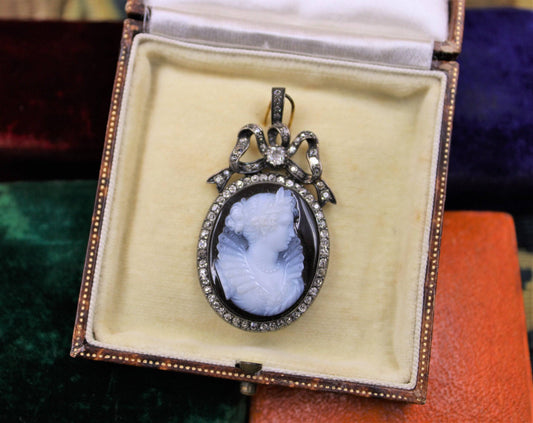 A very fine Hardstone & Diamond Cameo Pendant set in 15ct Yellow Gold & Silver, Circa 1880 - Robin Haydock Antiques