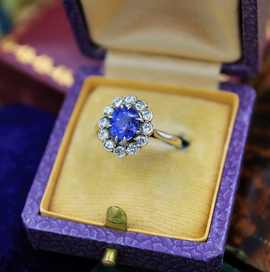 A very fine Sapphire & Diamond Cluster Ring mounted in 14ct White Gold, Continental, Circa 1930 - Robin Haydock Antiques