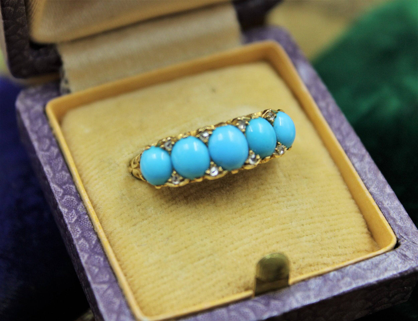 A Victorian Turquoise & Diamond Five Stone Ring set in 18ct Yellow Gold, English, Circa 1890 - Robin Haydock Antiques