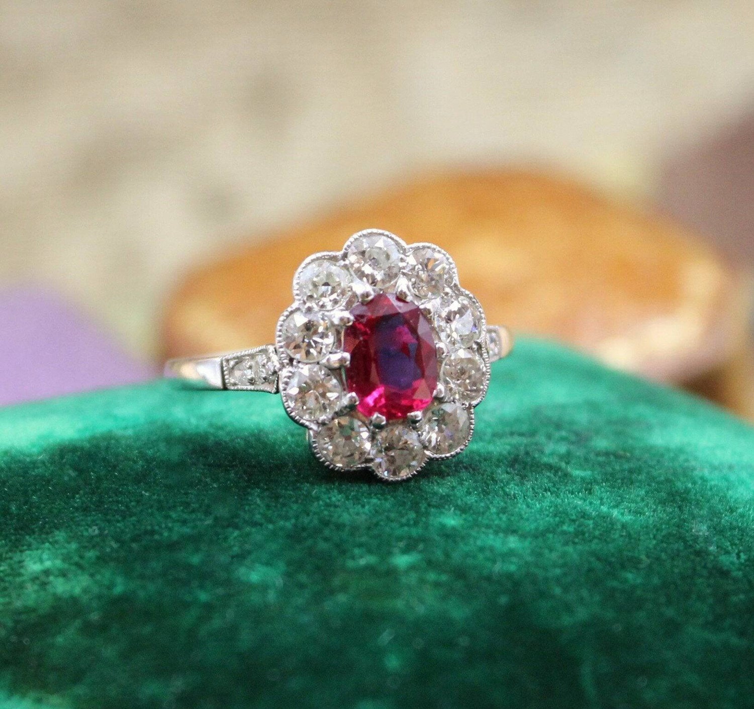 A very fine Siamese Ruby & Diamond Cluster Ring mounted in Platinum, English, Circa 1930 - Robin Haydock Antiques