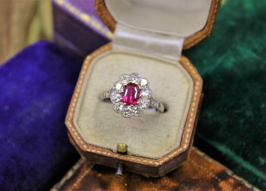 A very fine Siamese Ruby & Diamond Cluster Ring mounted in Platinum, English, Circa 1930 - Robin Haydock Antiques