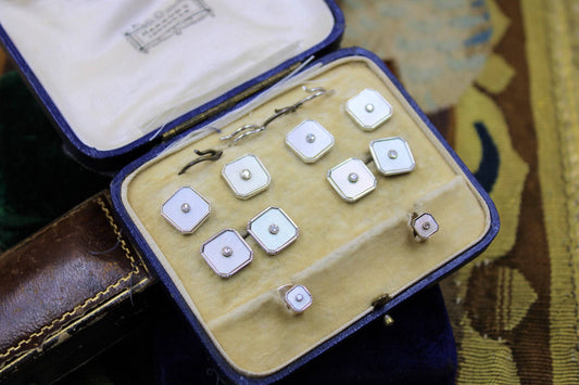 A very fine Mother of Pearl & Diamond Dress Set in 9ct White Gold, English, Circa 1950 - Robin Haydock Antiques