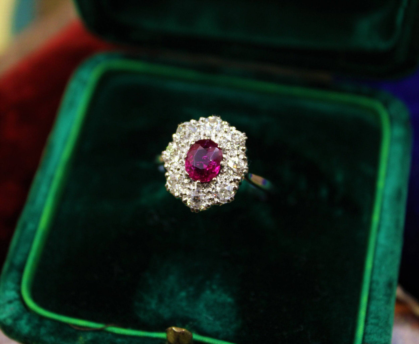 A very fine Burmese Ruby & Diamond Cluster Ring set in Platinum, English, Circa 1930 - Robin Haydock Antiques
