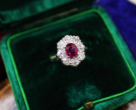 A very fine Burmese Ruby & Diamond Cluster Ring set in Platinum, English, Circa 1930 - Robin Haydock Antiques