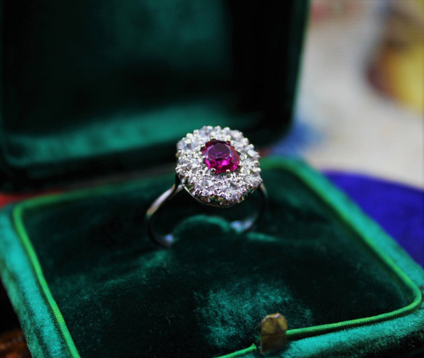 A very fine Burmese Ruby & Diamond Cluster Ring set in Platinum, English, Circa 1930 - Robin Haydock Antiques
