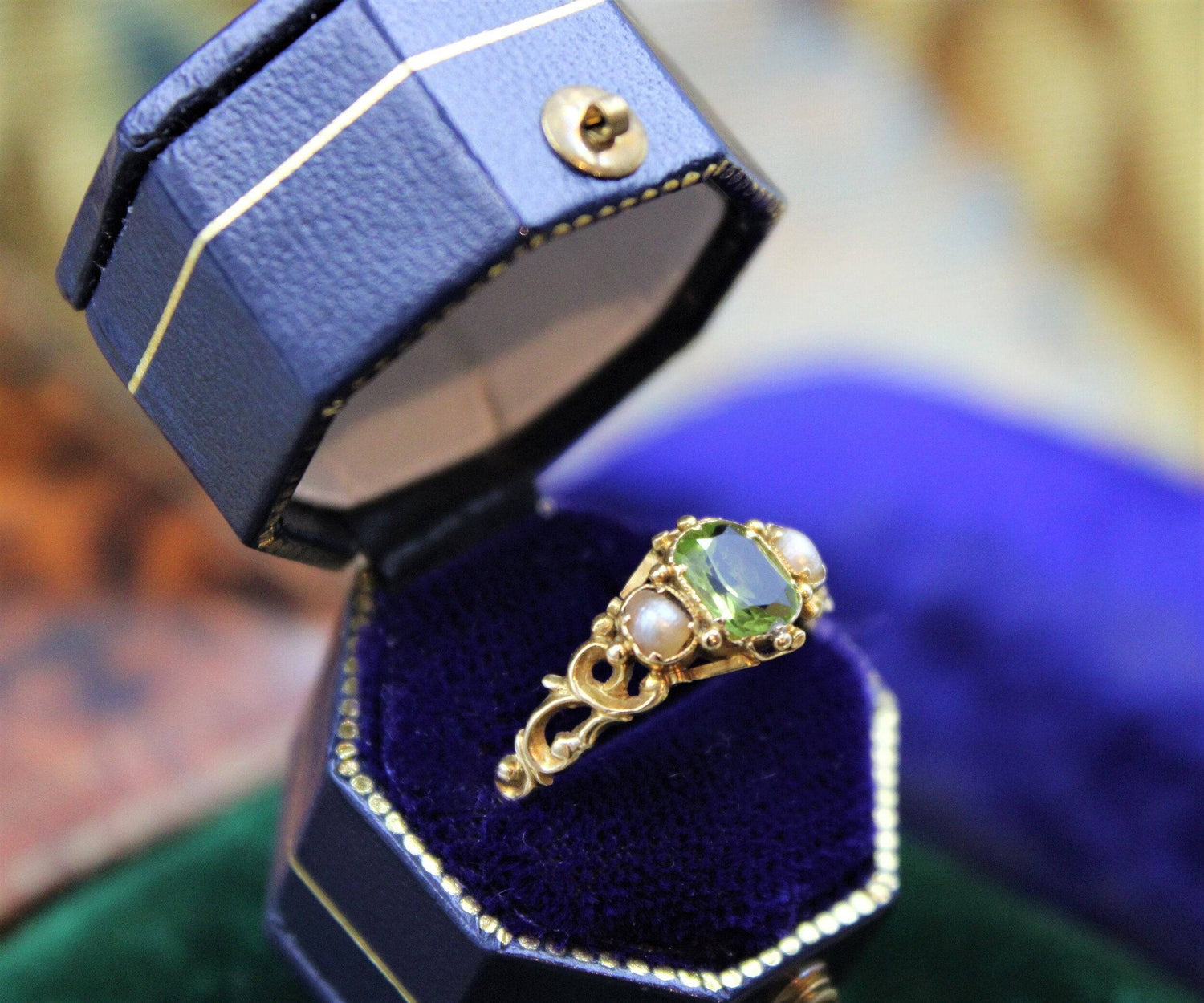 A very beautiful Peridot and Pearl set 15ct Yellow Gold Ring, English, Circa 1880 - Robin Haydock Antiques