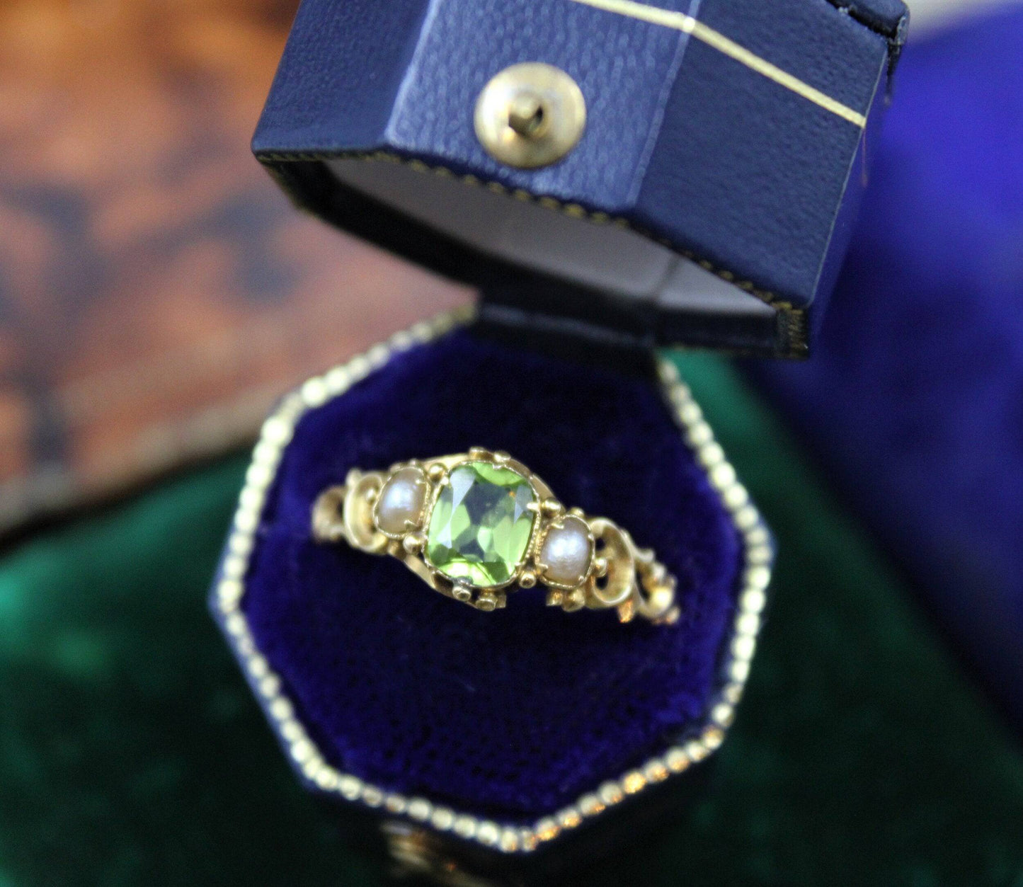 A very beautiful Peridot and Pearl set 15ct Yellow Gold Ring, English, Circa 1880 - Robin Haydock Antiques