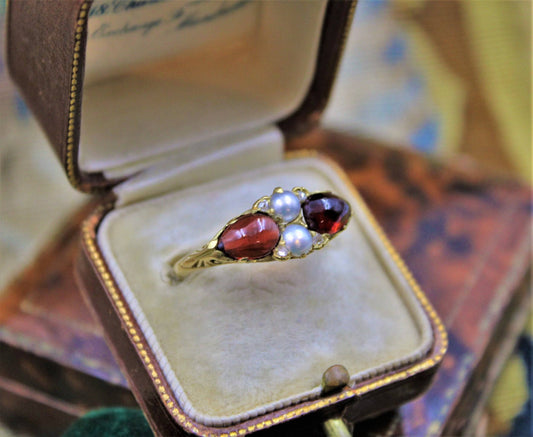A very fine Victorian Pear Shaped Red Garnets, Pearls and Diamonds Ring set in High Carat Yellow Gold, English, Circa 1870 - Robin Haydock Antiques