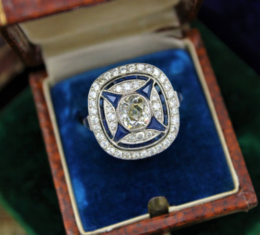 A very substantial Art Deco style Oval Diamond and Sapphire Plaque Ring, Mid to late 20th century. Pre-owned - Robin Haydock Antiques