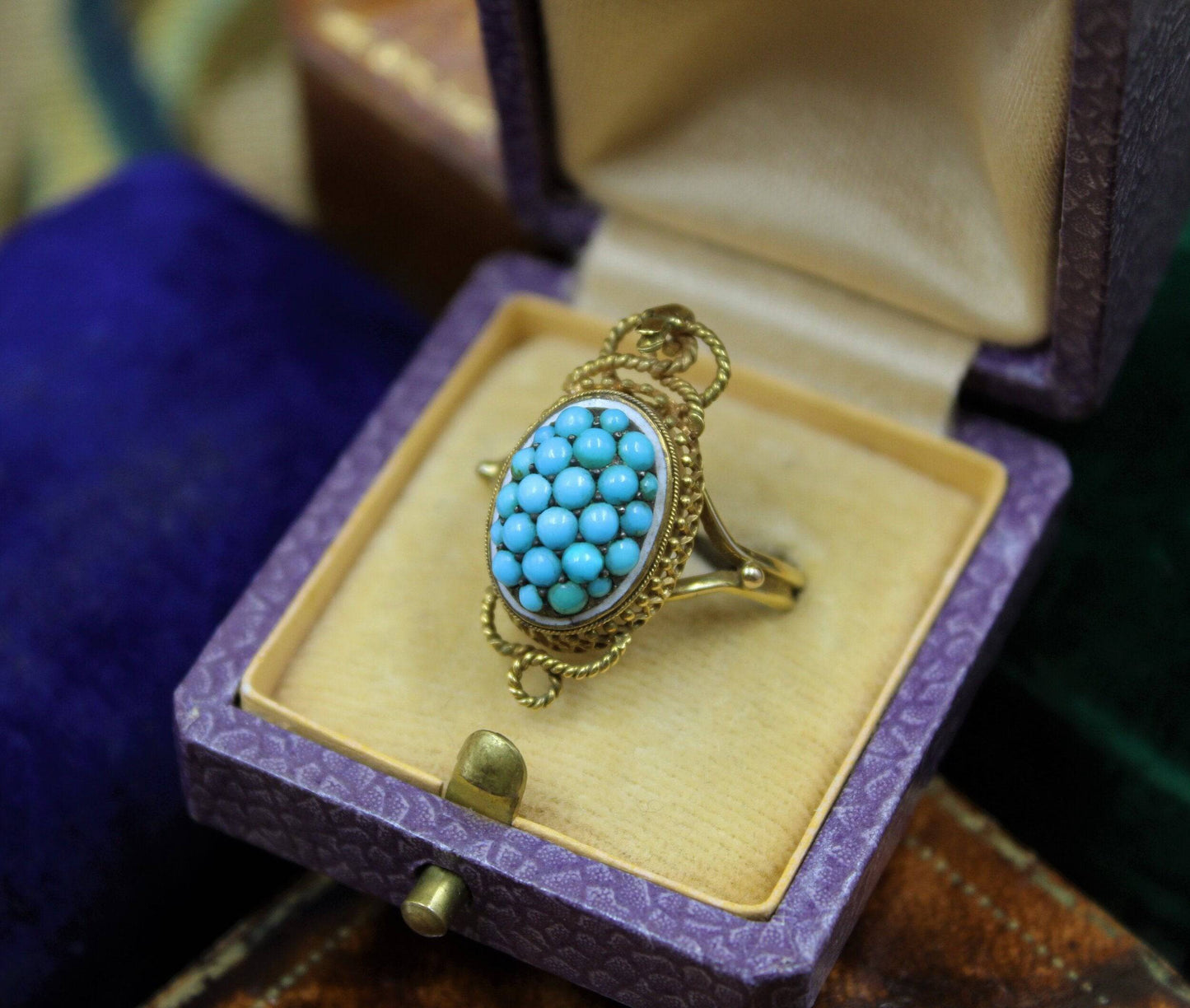 A very fine Victorian Turquoise Serpentine Cluster Ring set in 18ct Yellow Gold, English, Circa 1880 - Robin Haydock Antiques