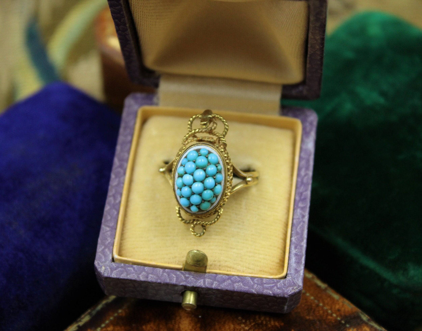 A very fine Victorian Turquoise Serpentine Cluster Ring set in 18ct Yellow Gold, English, Circa 1880 - Robin Haydock Antiques