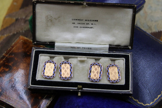 A very fine pair of engraved Blue & Black Chequered Enamel Cufflinks set in 9ct Yellow Gold, Circa 1930 - Robin Haydock Antiques