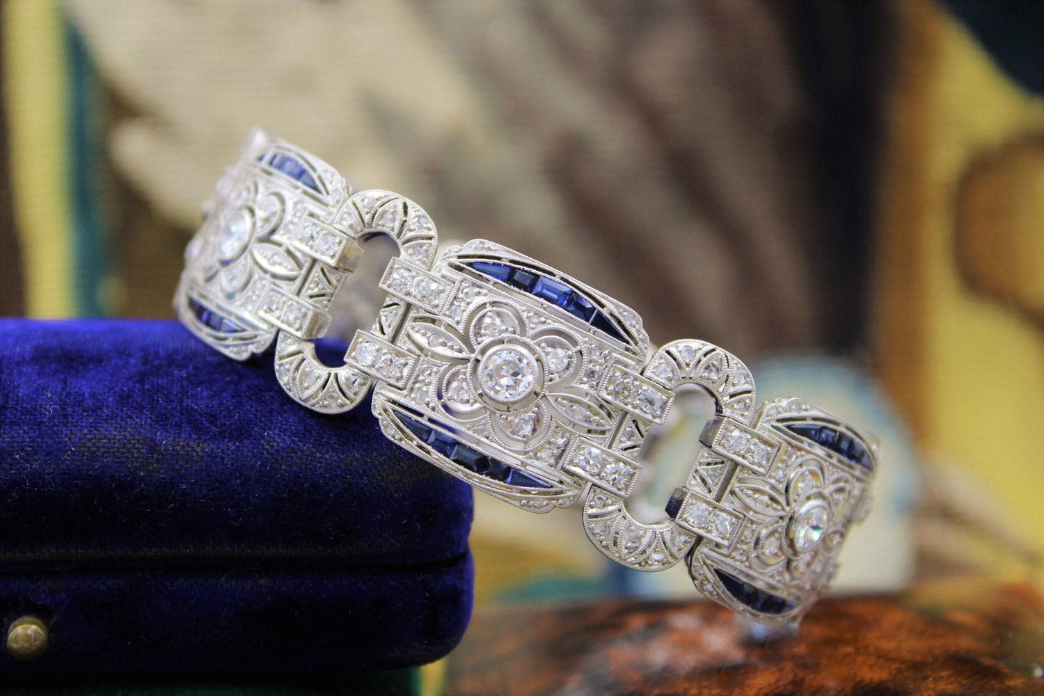 An exquisite Diamond & Sapphire Art Deco  Bracelet mounted in Platinum, English, Circa 1930 - Robin Haydock Antiques
