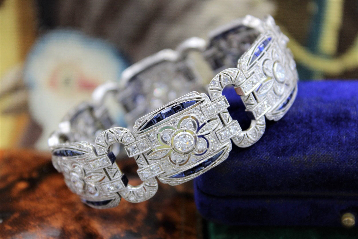 An exquisite Diamond & Sapphire Art Deco  Bracelet mounted in Platinum, English, Circa 1930 - Robin Haydock Antiques