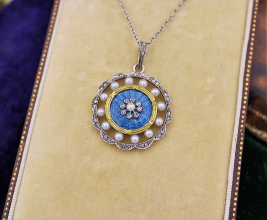 A very fine Edwardian Blue Enamel, Pearl & Diamond Pendant in 18ct Yellow Gold & Platinum, English, Circa 1905 - Robin Haydock Antiques